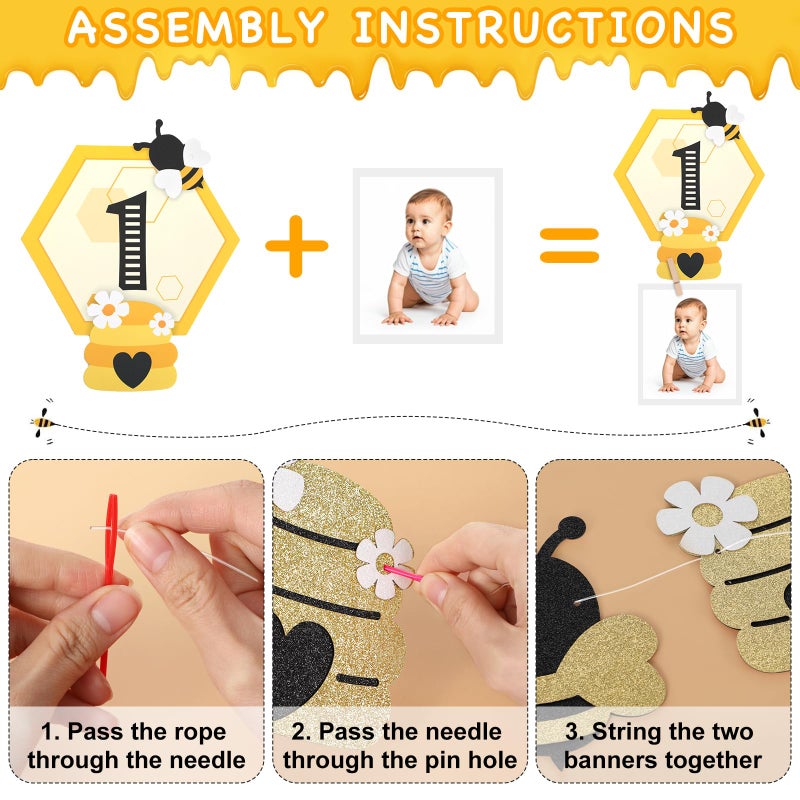 Faisichocalato 3PCS Happy Bee Day Party Decorations, Bumble Honey Bee 1st Birthday Baby Photo Banner for Newborn to 12 Months, Monthly Milestone Photograph Bunting Garland, First Birthday Celebration Decorations - Image 4